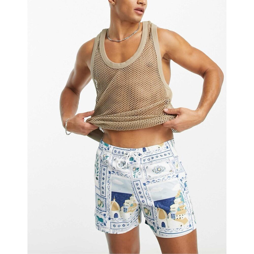 Abercrombie & Fitch Print Swim Shorts in white size XXL Mediterranean print vibe